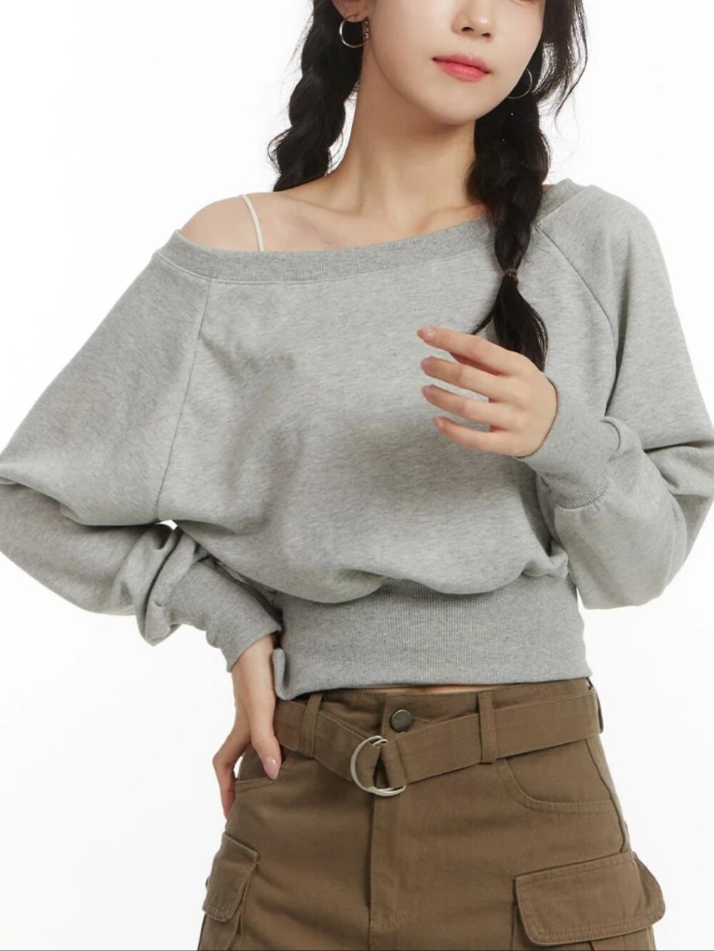 Off-Shoulder Rib-Hem Sweatshirt - Gray